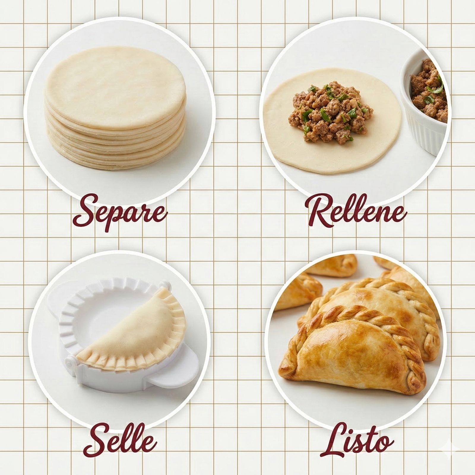 Pasos para usar la masa: Separe, Rellene, Selle, Listo